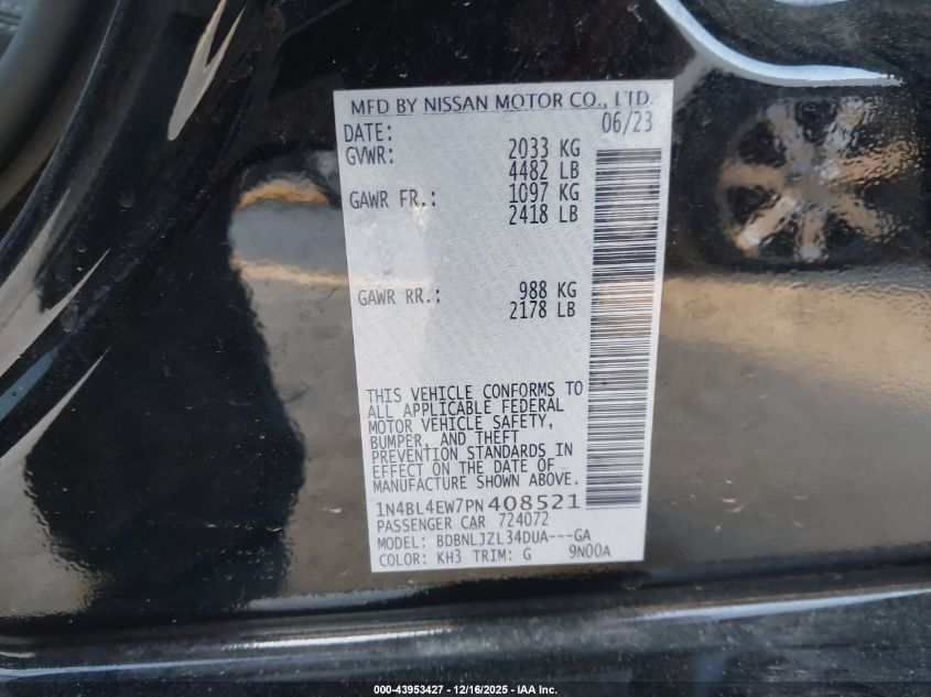 2023 Nissan Altima Sl Intelligent Awd VIN: 1N4BL4EW7PN408521 Lot: 43953427