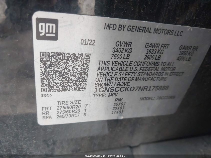 2022 Chevrolet Suburban 2Wd Lt VIN: 1GNSCCKD7NR175888 Lot: 43953429