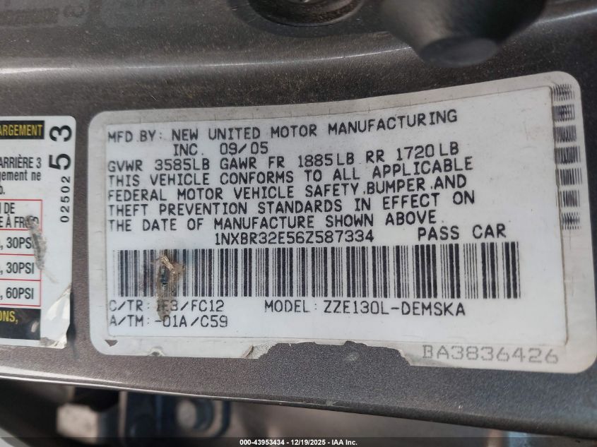 2006 Toyota Corolla S VIN: 1NXBR32E56Z587334 Lot: 43953434