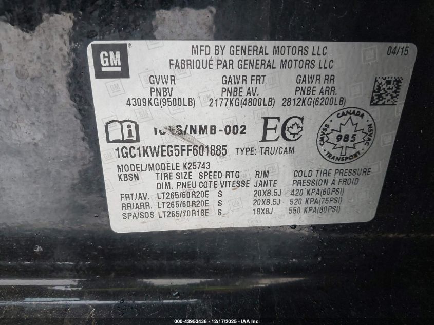 2015 Chevrolet Silverado 2500Hd Ltz VIN: 1GC1KWEG5FF601885 Lot: 43953436