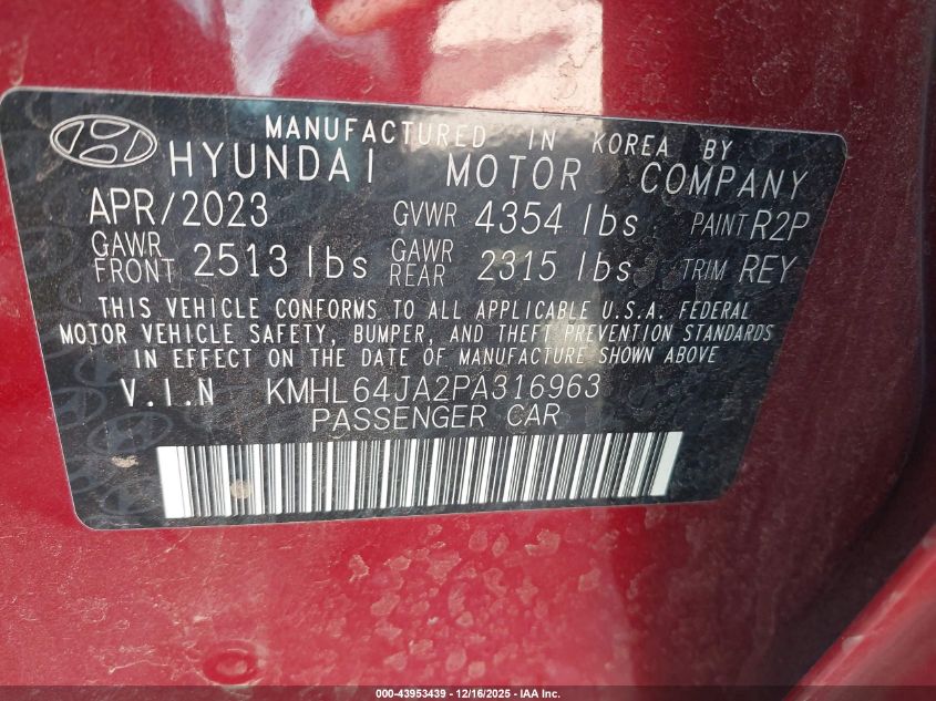 2023 Hyundai Sonata Sel VIN: KMHL64JA2PA316963 Lot: 43953439