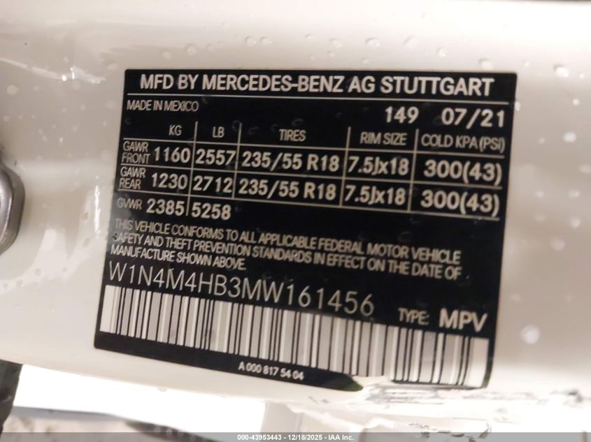 2021 Mercedes-Benz Glb 250 4Matic VIN: W1N4M4HB3MW161456 Lot: 43953443