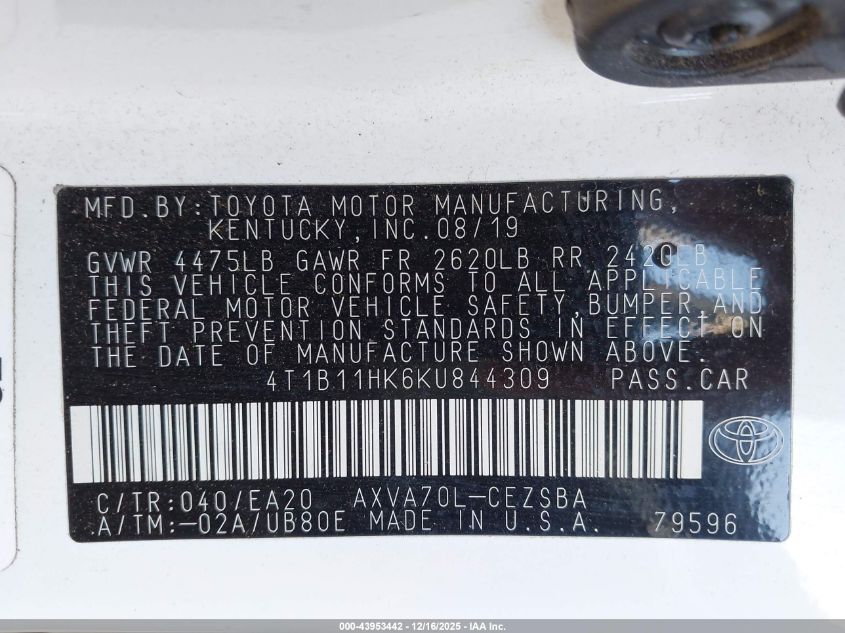 2019 Toyota Camry Se VIN: 4T1B11HK6KU844309 Lot: 43953442