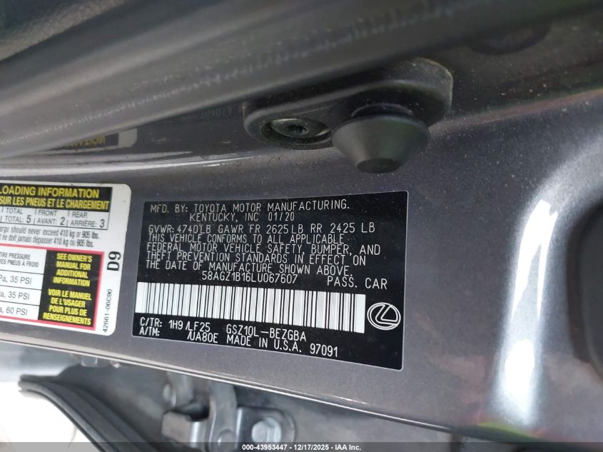 2020 Lexus Es 350 F Sport VIN: 58AGZ1B16LU067607 Lot: 43953447