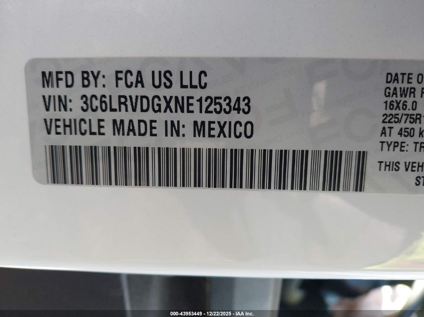 2022 Ram Promaster 2500 High Roof 159 Wb VIN: 3C6LRVDGXNE125343 Lot: 43953449