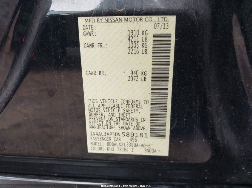 2013 Nissan Altima 2.5 Sl VIN: 1N4AL3AP3DN589181 Lot: 43953451