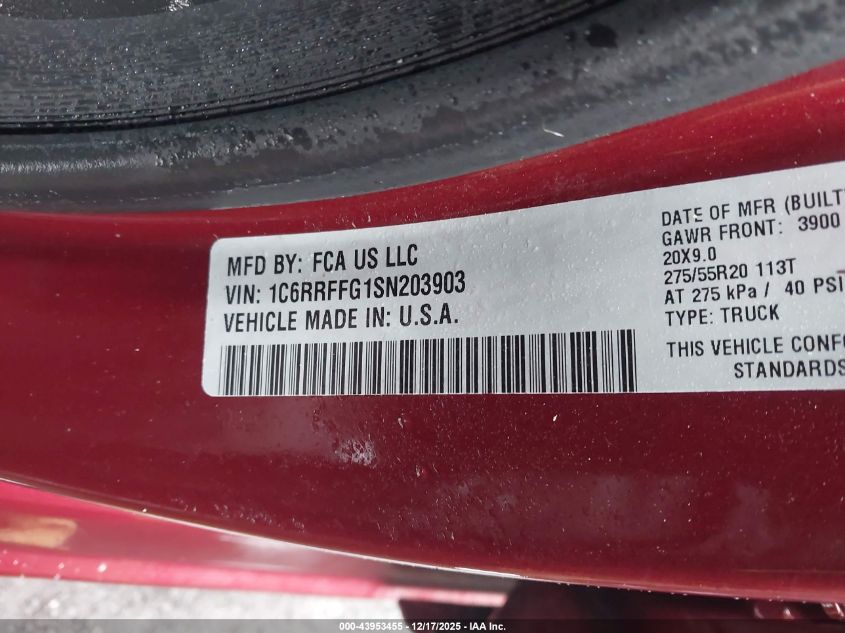 2025 Ram 1500 Big Horn 4X4 5'7 Box VIN: 1C6RRFFG1SN203903 Lot: 43953455