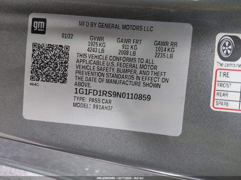 2022 Chevrolet Camaro Rwd 2Lt VIN: 1G1FD1RS9N0110859 Lot: 43953456