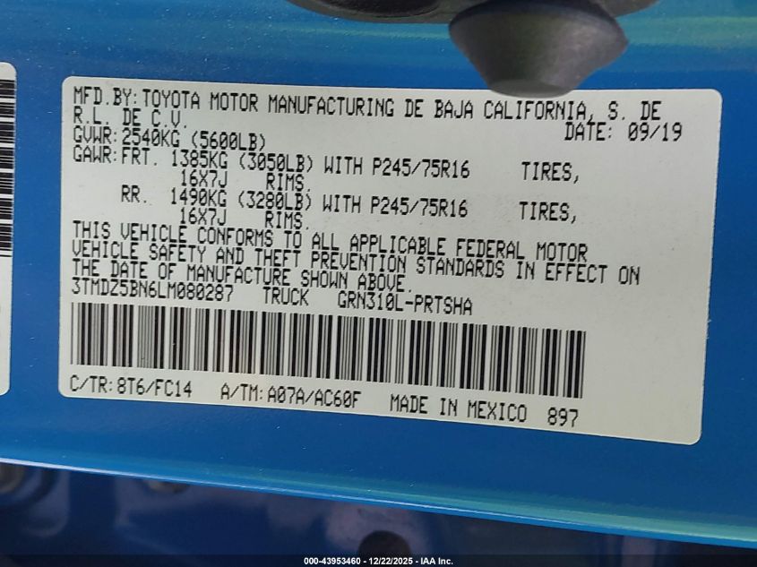 2020 Toyota Tacoma Sr5 V6 VIN: 3TMDZ5BN6LM080287 Lot: 43953460