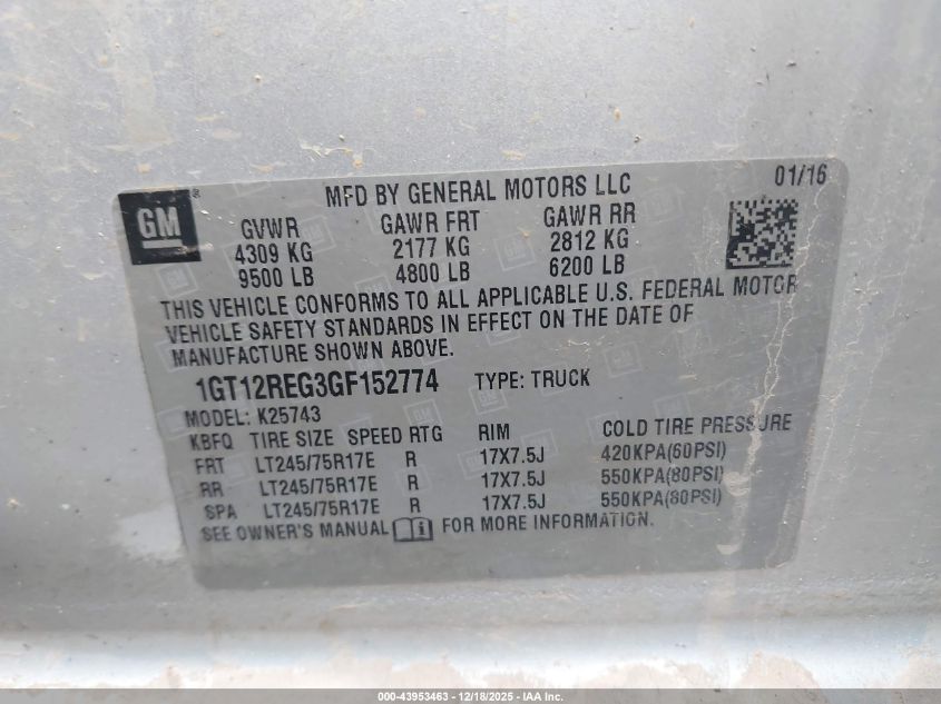 2016 GMC Sierra 2500Hd VIN: 1GT12REG3GF152774 Lot: 43953463
