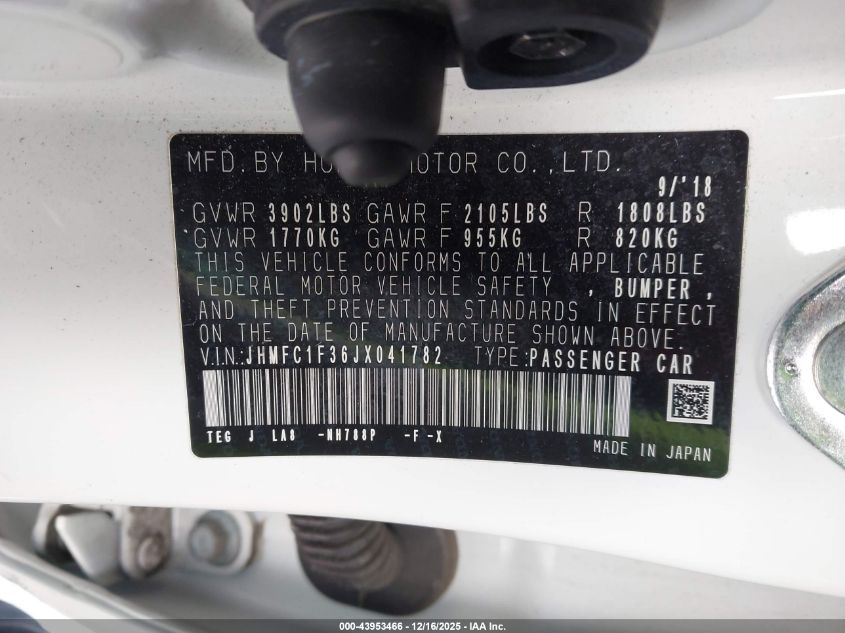 2018 Honda Civic Ex-T VIN: JHMFC1F36JX041782 Lot: 43953466