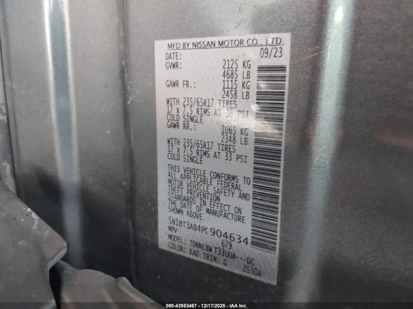 2023 Nissan Rogue S Intelligent Awd VIN: 5N1BT3AB4PC904634 Lot: 43953467