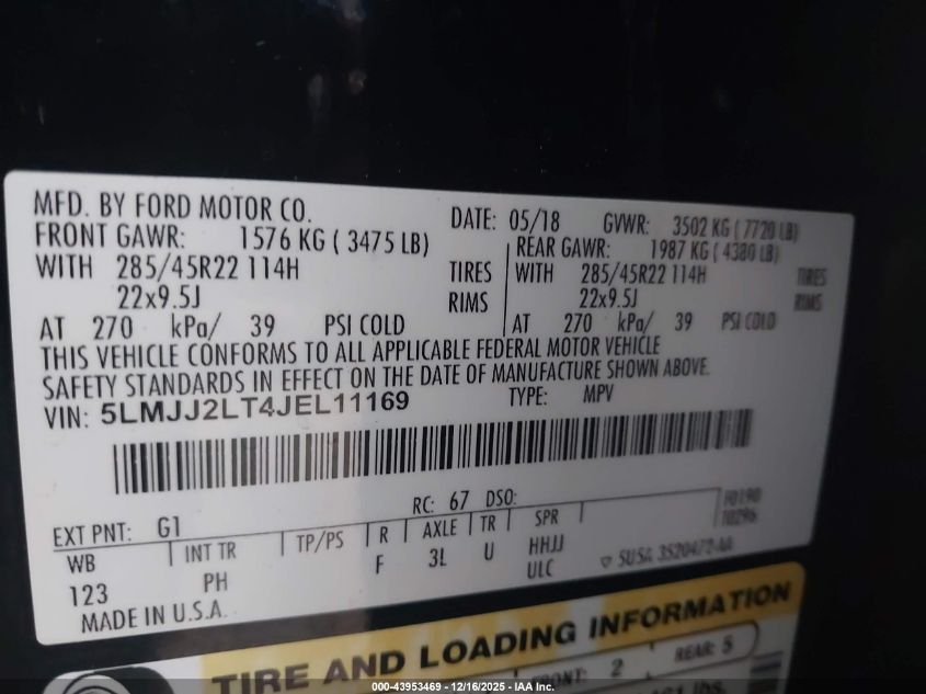 2018 Lincoln Navigator Reserve VIN: 5LMJJ2LT4JEL11169 Lot: 43953469