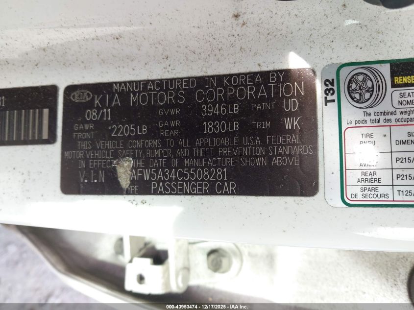 2012 Kia Forte Sx VIN: KNAFW5A34C5508281 Lot: 43953474