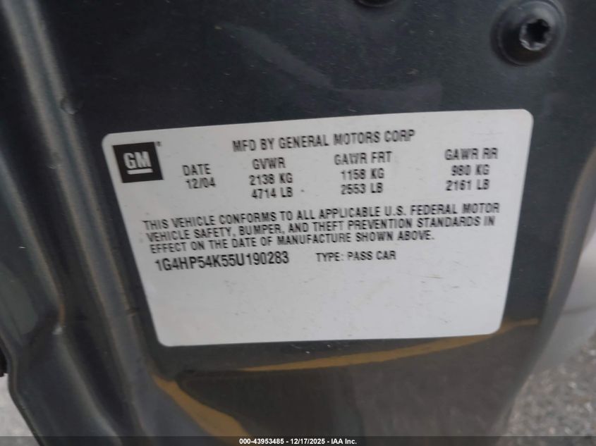 2005 Buick Lesabre Custom VIN: 1G4HP54K55U190283 Lot: 43953485