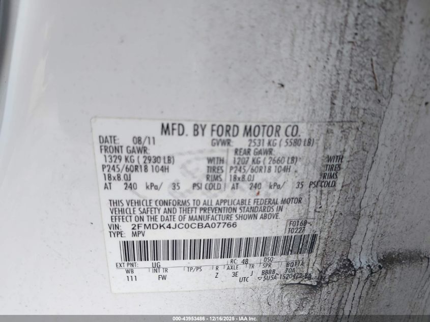 2012 Ford Edge Sel VIN: 2FMDK4JC0CBA07766 Lot: 43953486