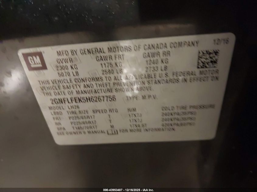 2017 Chevrolet Equinox Lt VIN: 2GNFLFEK5H6267756 Lot: 43953487