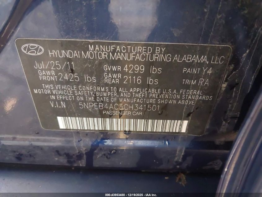 2012 Hyundai Sonata Gls VIN: 5NPEB4AC5CH341501 Lot: 43953488