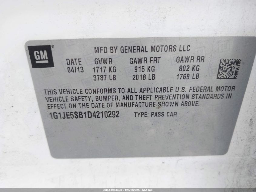 2013 Chevrolet Sonic Ltz Auto VIN: 1G1JE5SB1D4210292 Lot: 43953490