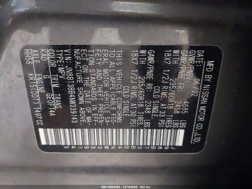 2022 Nissan Rogue Sv Intelligent Awd VIN: JN8BT3BB4NW339143 Lot: 43953492