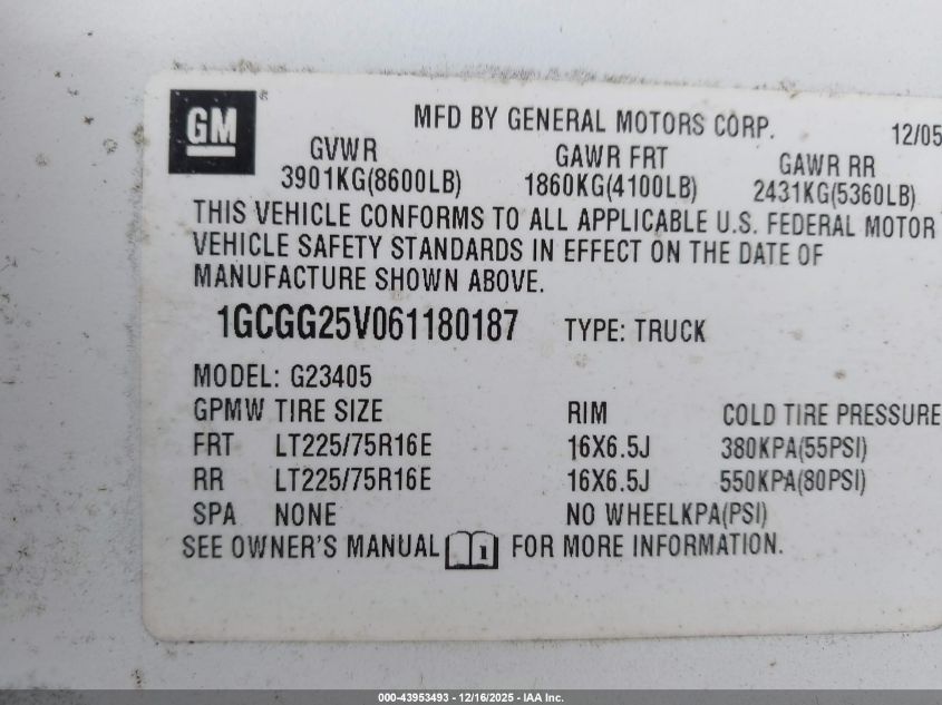 2006 Chevrolet Express Work Van VIN: 1GCGG25V061180187 Lot: 43953493