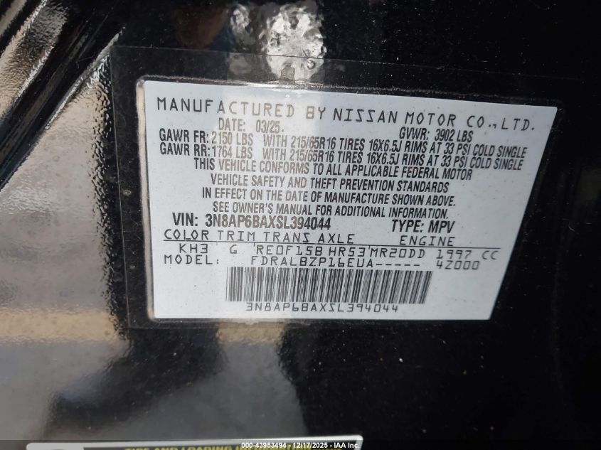 2025 Nissan Kicks S Fwd VIN: 3N8AP6BAXSL394044 Lot: 43953494