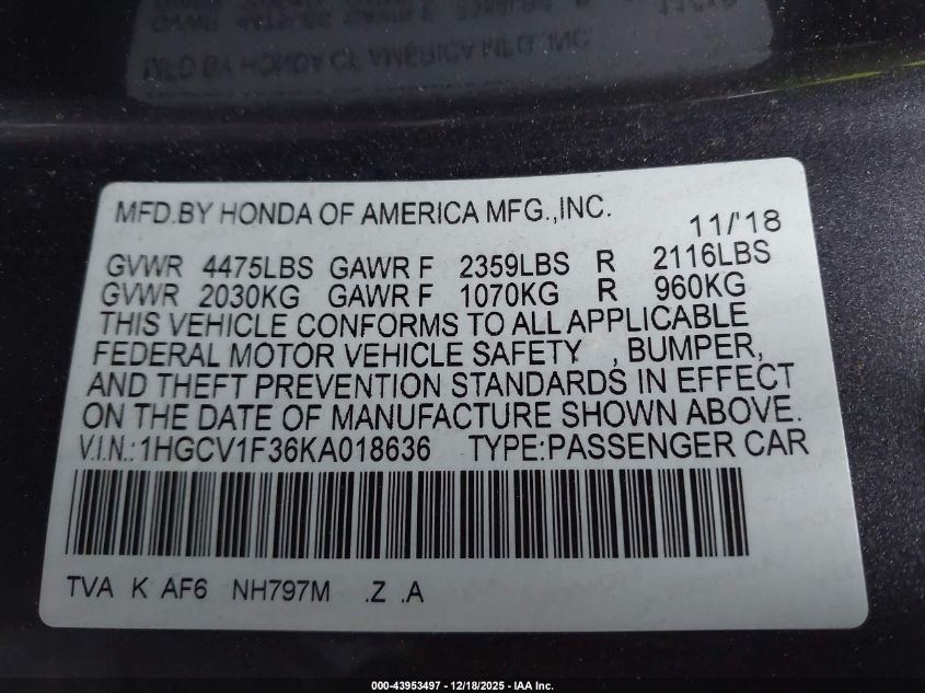 2019 Honda Accord Sport VIN: 1HGCV1F36KA018636 Lot: 43953497