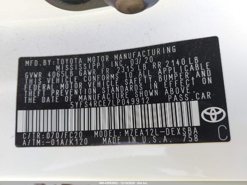 2020 Toyota Corolla Se VIN: 5YFS4RCE7LP049912 Lot: 43953502