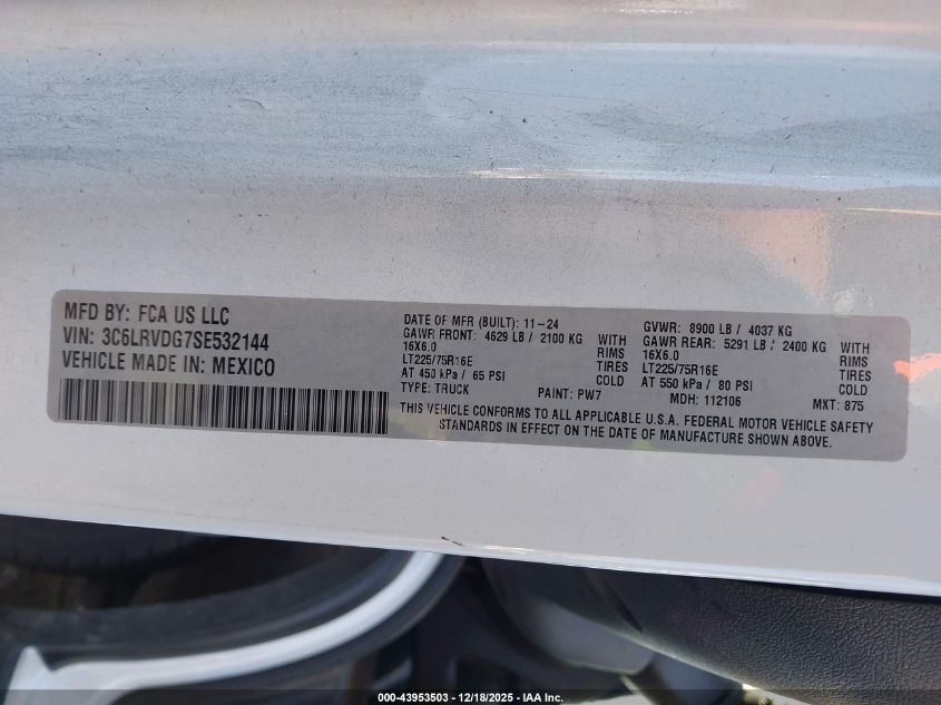 2025 Ram Promaster 2500 Tradesman High Roof 159 Wb W/Pass Seat VIN: 3C6LRVDG7SE532144 Lot: 43953503