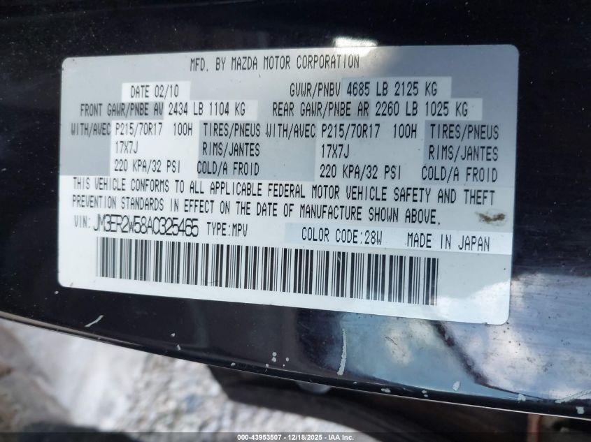 2010 Mazda Cx-7 VIN: JM3ER2W58A0325465 Lot: 43953507