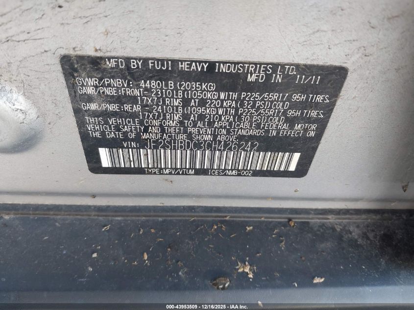 2012 Subaru Forester 2.5X Premium VIN: JF2SHBDC3CH426242 Lot: 43953509