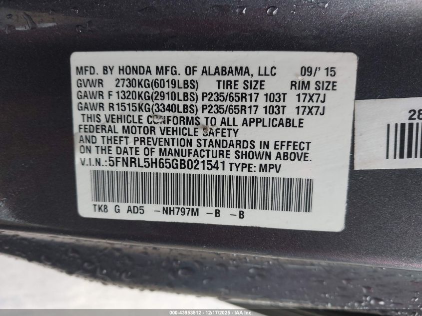 2016 Honda Odyssey Ex-L VIN: 5FNRL5H65GB021541 Lot: 43953512