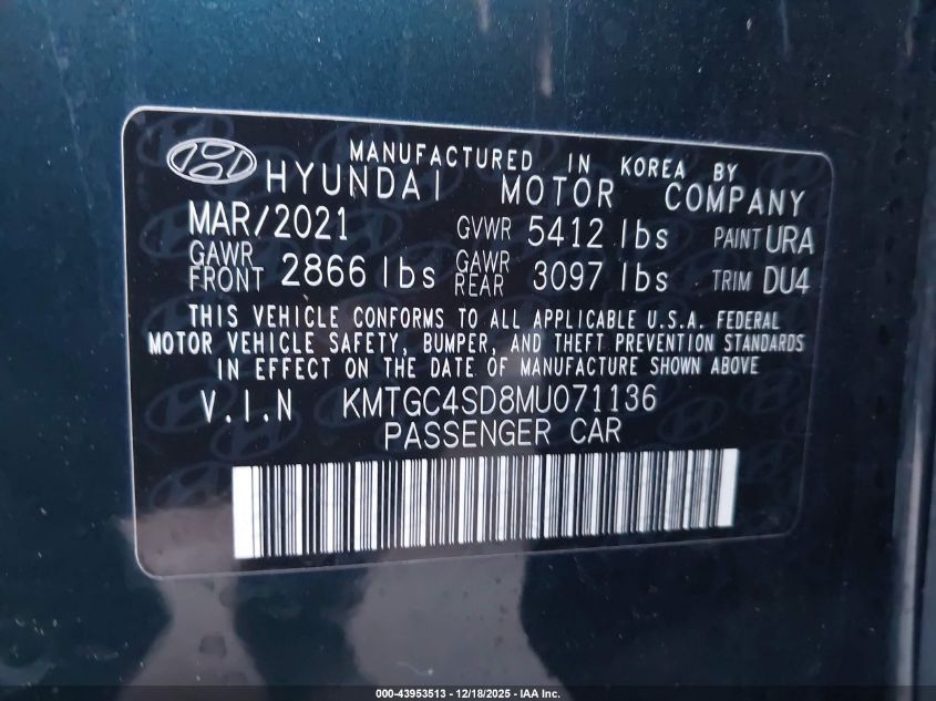 2021 Genesis G80 3.5T Rwd VIN: KMTGC4SD8MU071136 Lot: 43953513