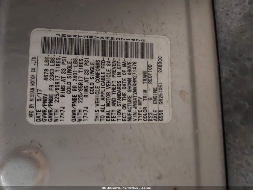 2017 Nissan Rogue Sv VIN: JN8AT2MVXHW271478 Lot: 43953514