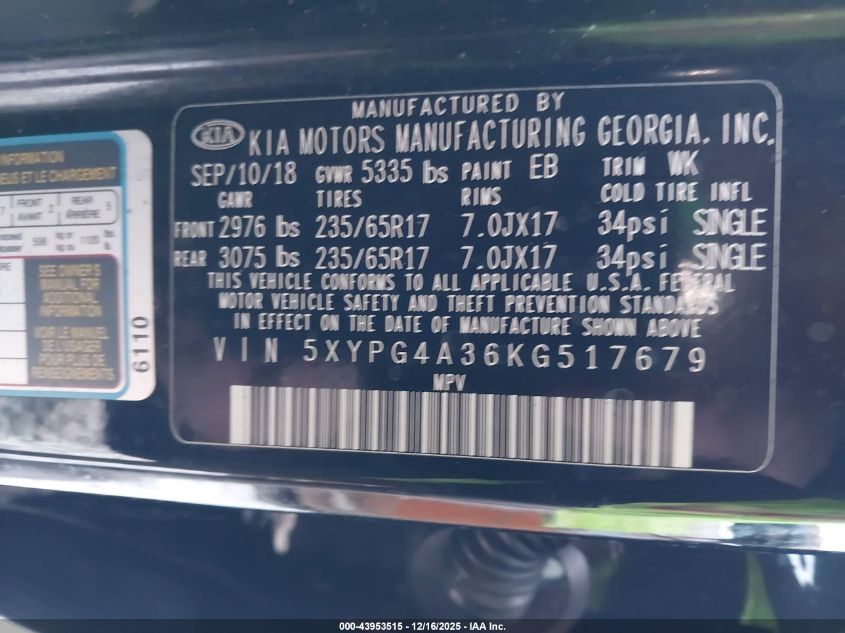 2019 Kia Sorento 2.4L Lx VIN: 5XYPG4A36KG517679 Lot: 43953515