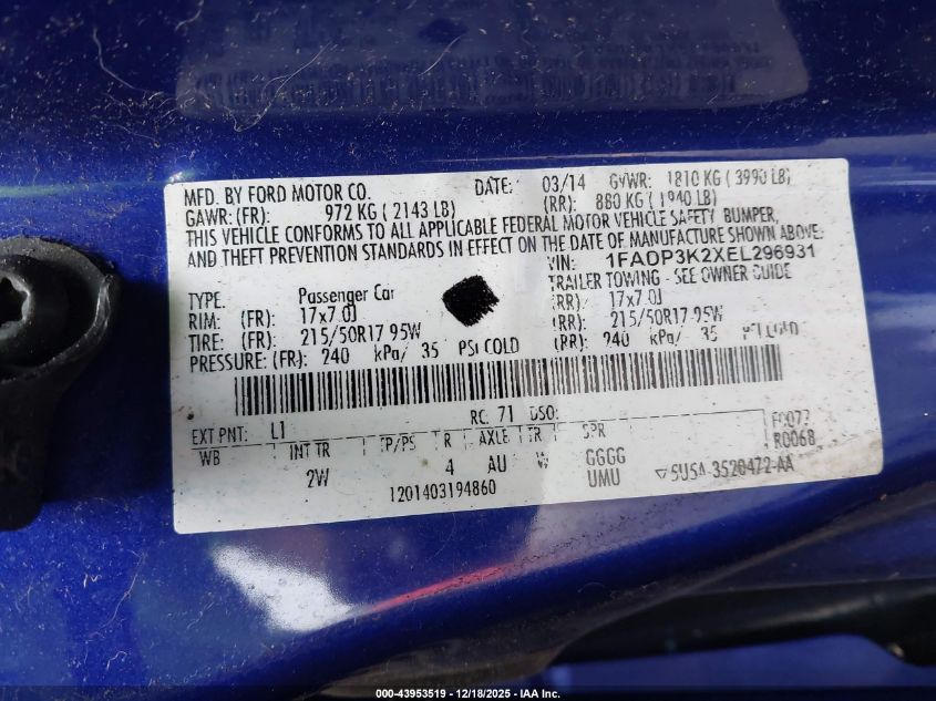 2014 Ford Focus Se VIN: 1FADP3K2XEL296931 Lot: 43953519