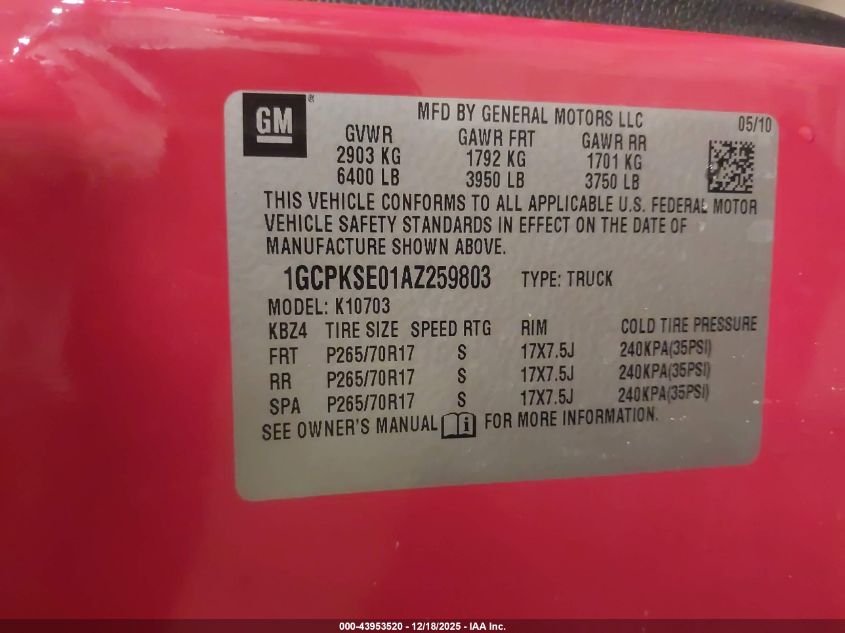 2010 Chevrolet Silverado 1500 Lt VIN: 1GCPKSE01AZ259803 Lot: 43953520
