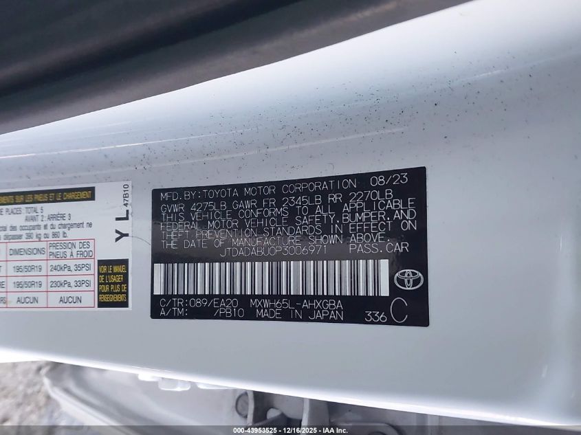 2023 Toyota Prius Xle Awd-E VIN: JTDADABU0P3006971 Lot: 43953525