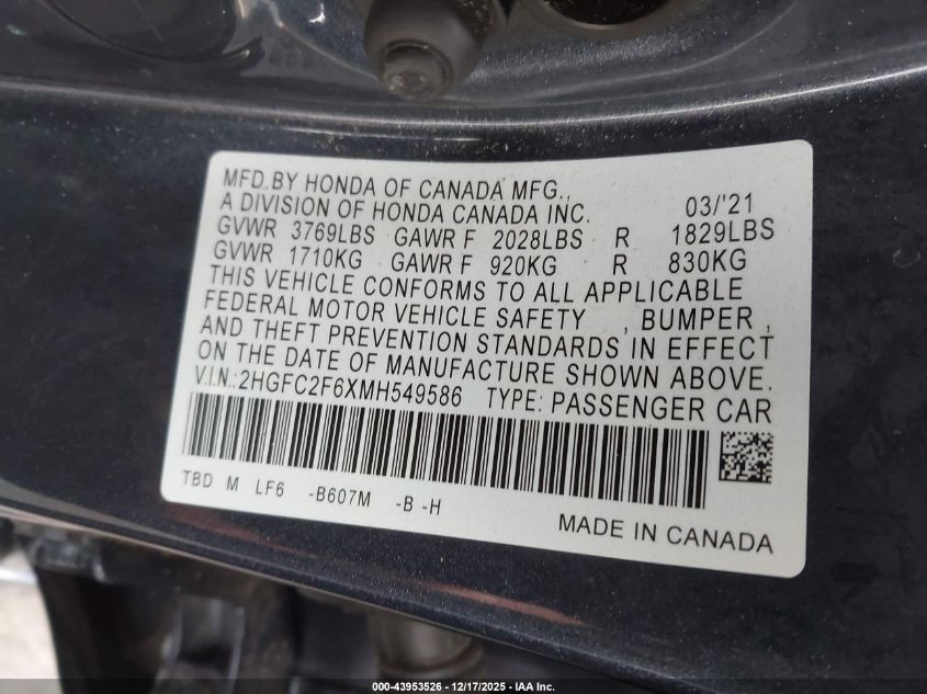 2021 Honda Civic Lx VIN: 2HGFC2F6XMH549586 Lot: 43953526
