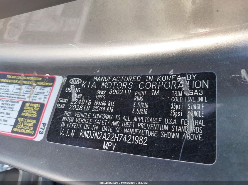 2017 Kia Soul VIN: KNDJN2A22H7421982 Lot: 43953529
