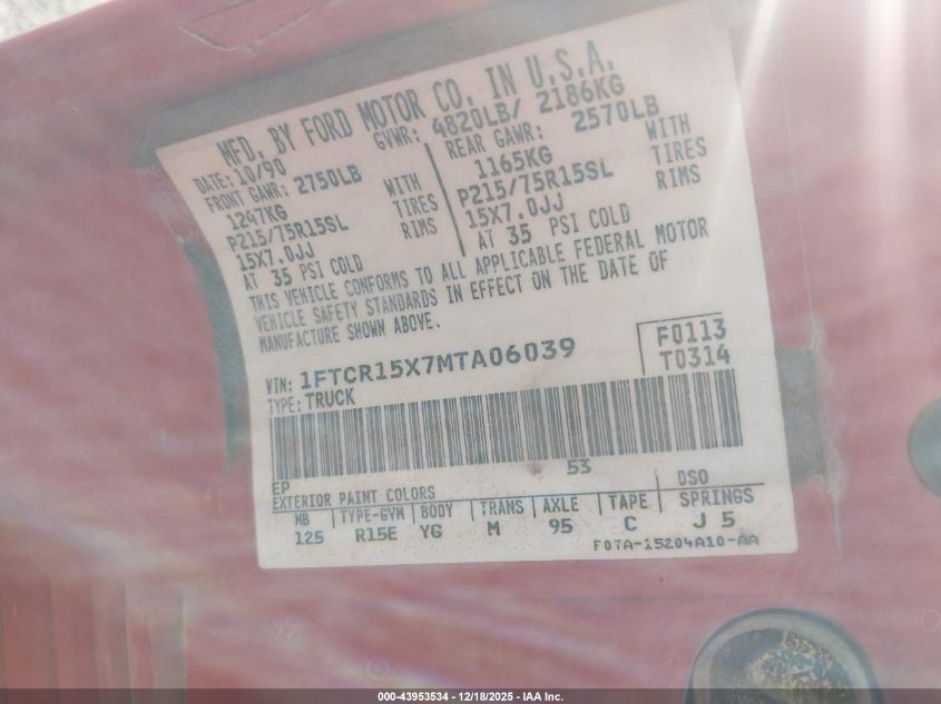 1991 Ford Ranger Super Cab VIN: 1FTCR15X7MTA06039 Lot: 43953534