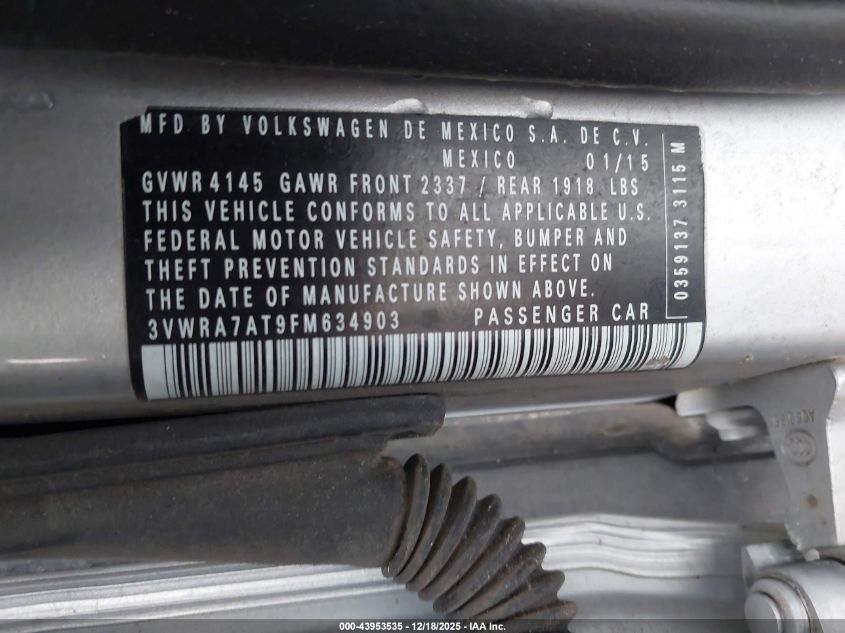 2015 Volkswagen Beetle 2.0L Tdi VIN: 3VWRA7AT9FM634903 Lot: 43953535