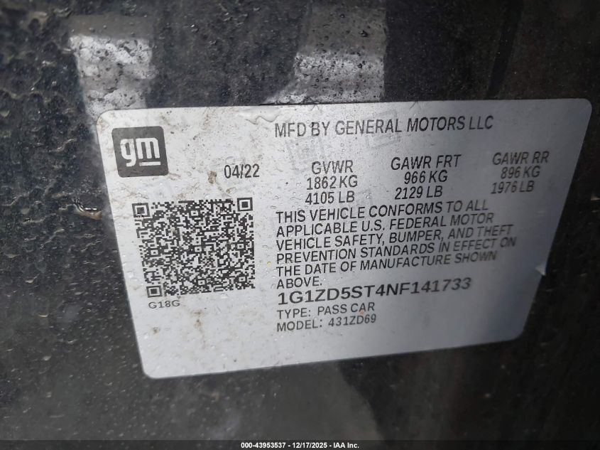 2022 Chevrolet Malibu Fwd Lt VIN: 1G1ZD5ST4NF141733 Lot: 43953537