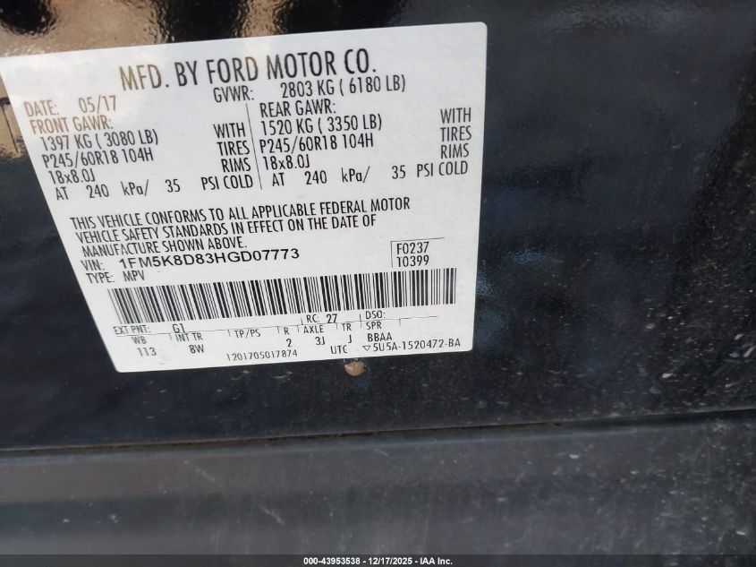 2017 Ford Explorer Xlt VIN: 1FM5K8D83HGD07773 Lot: 43953538