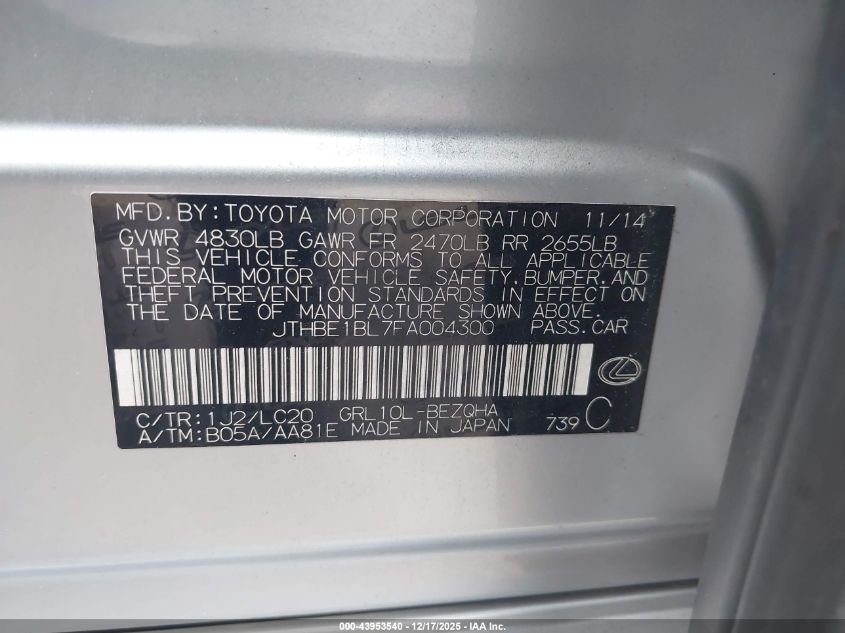 2015 Lexus Gs 350 VIN: JTHBE1BL7FA004300 Lot: 43953540