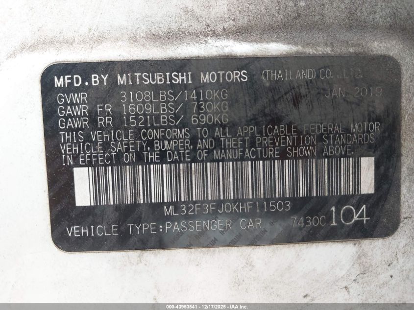 2019 Mitsubishi Mirage G4 Es VIN: ML32F3FJ0KHF11503 Lot: 43953541