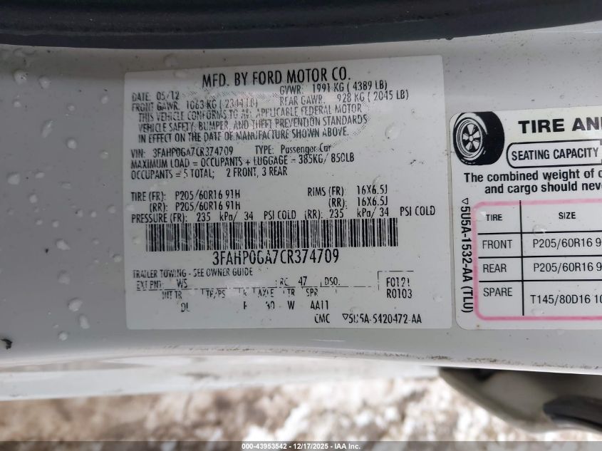 2012 Ford Fusion S VIN: 3FAHP0GA7CR374709 Lot: 43953542