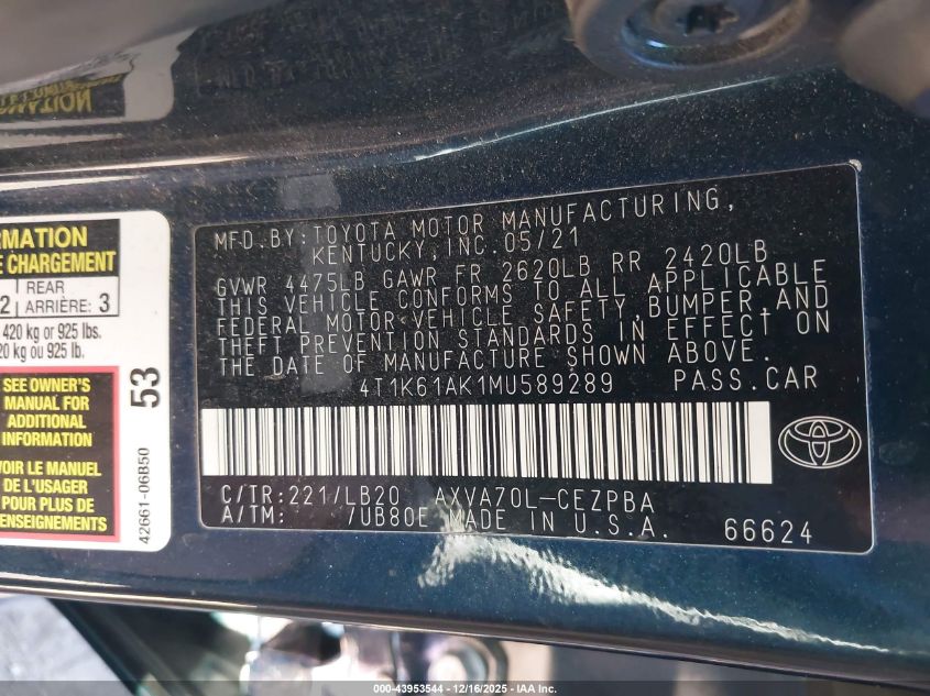 2021 Toyota Camry Xse VIN: 4T1K61AK1MU589289 Lot: 43953544
