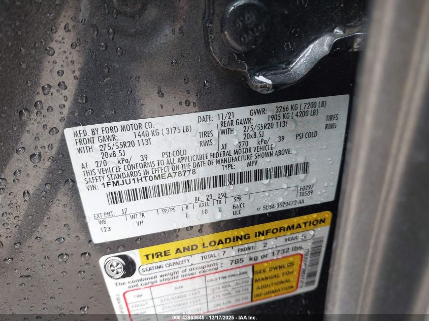 2021 Ford Expedition Xlt VIN: 1FMJU1HT0MEA78778 Lot: 43953545