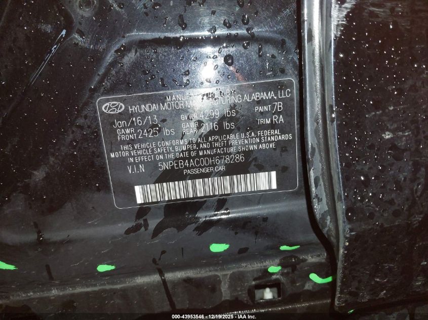 2013 Hyundai Sonata Gls VIN: 5NPEB4AC0DH678286 Lot: 43953546